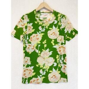 Rebecca Taylor Floral Short Sleeve Top Medium Cottage Core Luxury Green and Pink